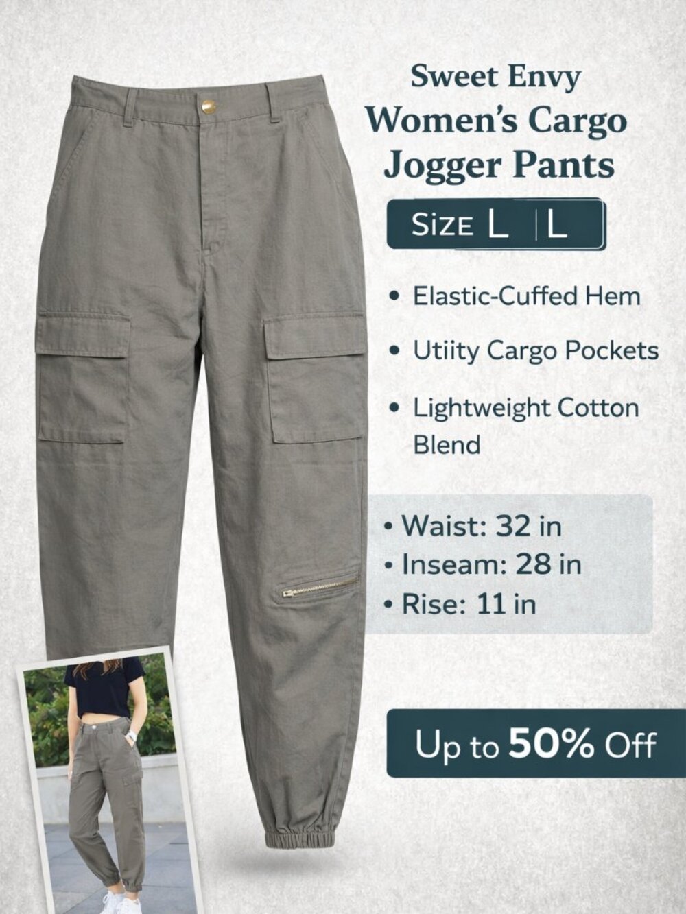 Sweet Envy Women's Cargo Jogger Pants Gray Utility Elastic Hem Size L